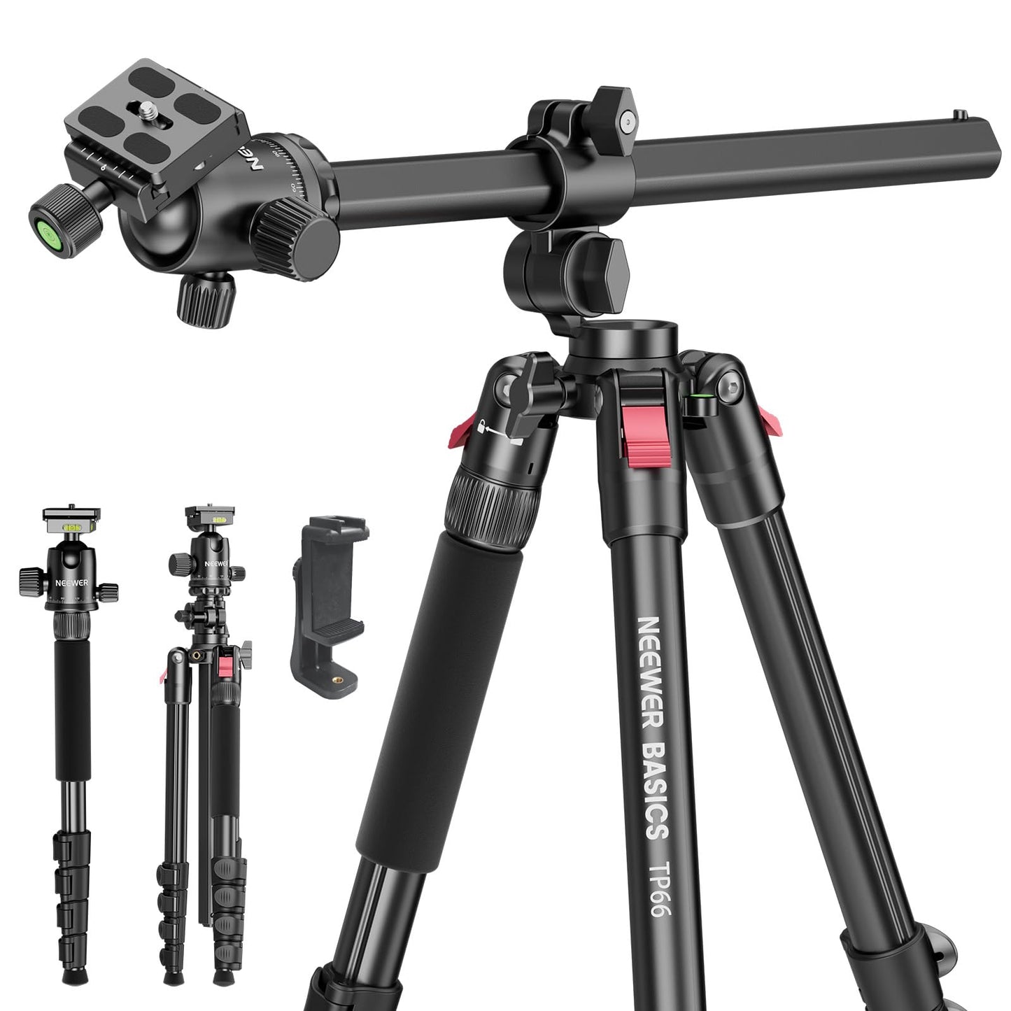 NEEWER Basics 64.5" Horizontal Overhead Tripod with Ball Head/Cell Phone Holder Compatible with iPhone Video Recording, Aluminum Travel Stand Camera