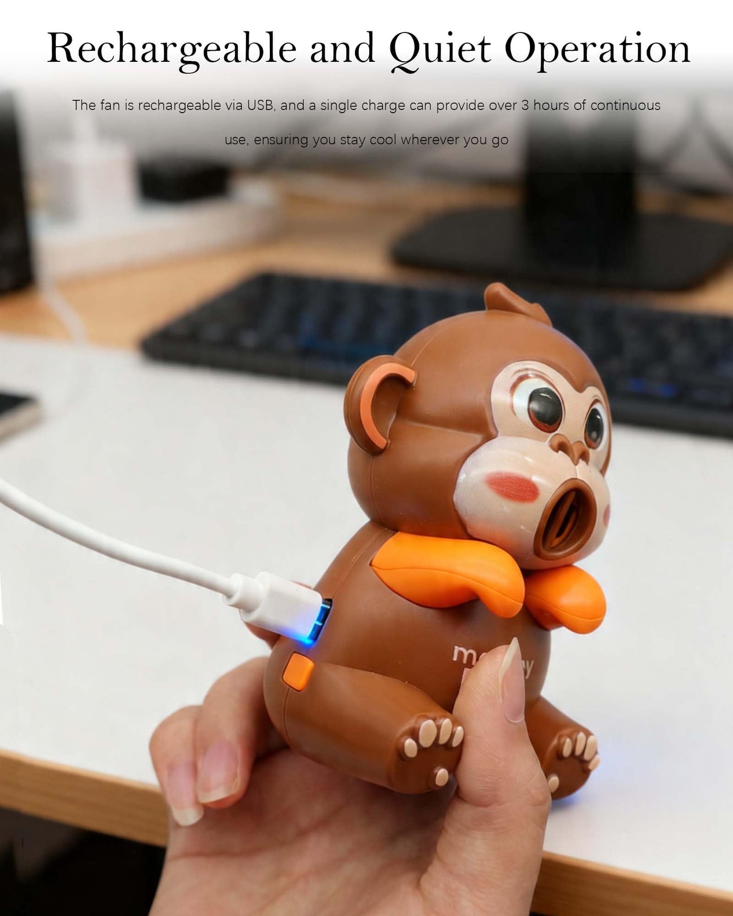 LUANTUO Cute Cartoon Animal Mini Fan - Rechargeable, Portable, and Quiet Operation for Cup Side Cooling, Home, and Outdoor Use (Monkey)