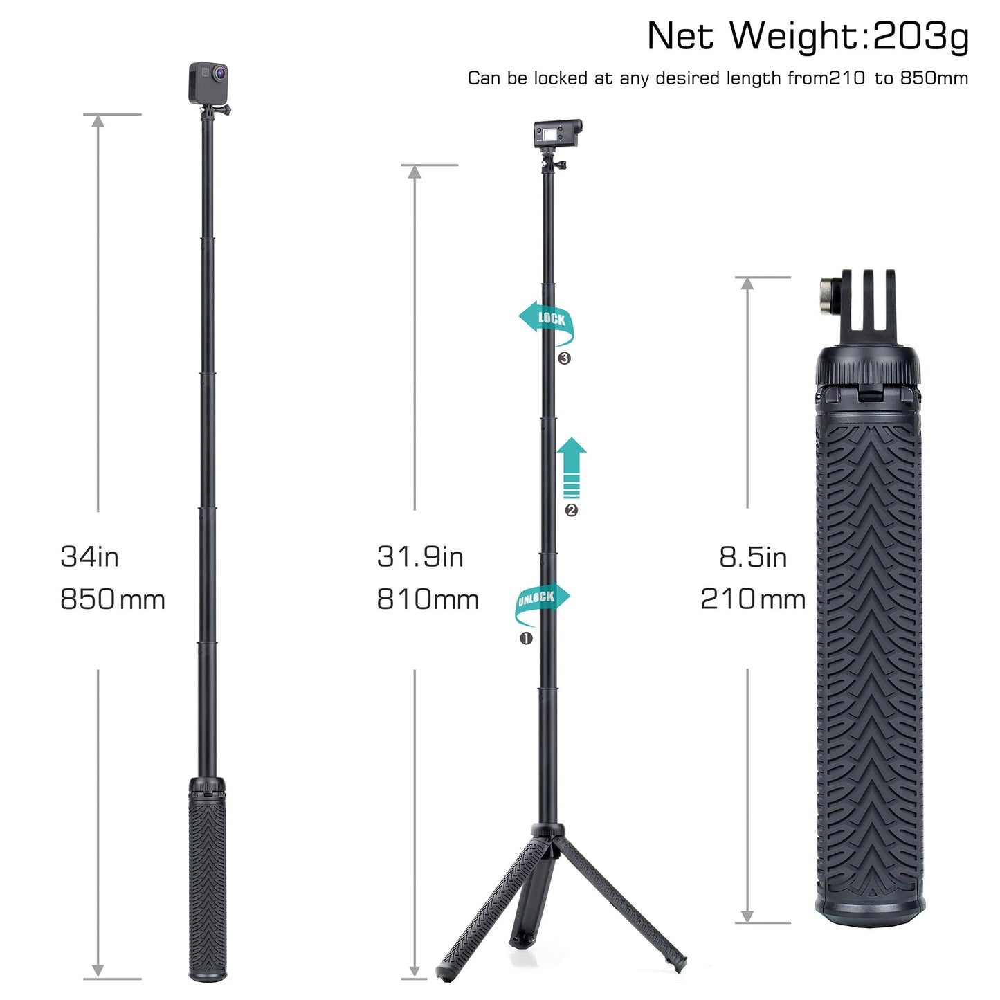 GEPULY 34''Extended Selfie Stick Underwater Tripod Waterproof Hand Grip for Go Pro Hero 13 12 11 10 9 8 7 6 5 4, AKASO,SJCAM,DJI Action 6