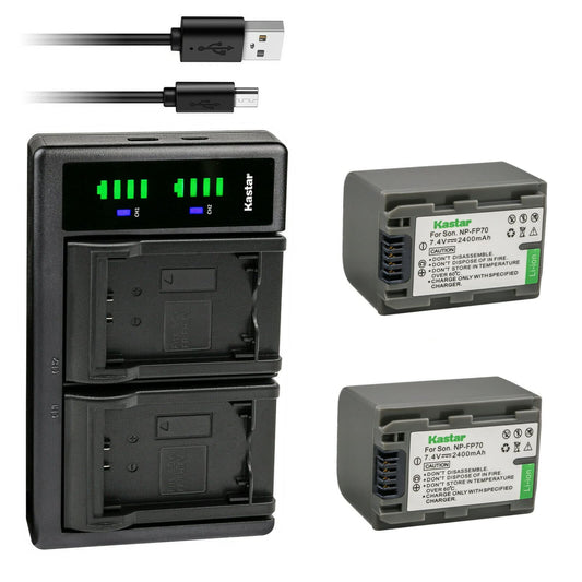 Kastar 2-Pack Battery NP-FP70/FP71 and LTD2 USB Charger Compatible with Sony DCR-HC21 DCR-HC22 DCR-HC23 DCR-HC24 DCR-HC26 DCR-HC28 DCR-HC30 DCR-HC32