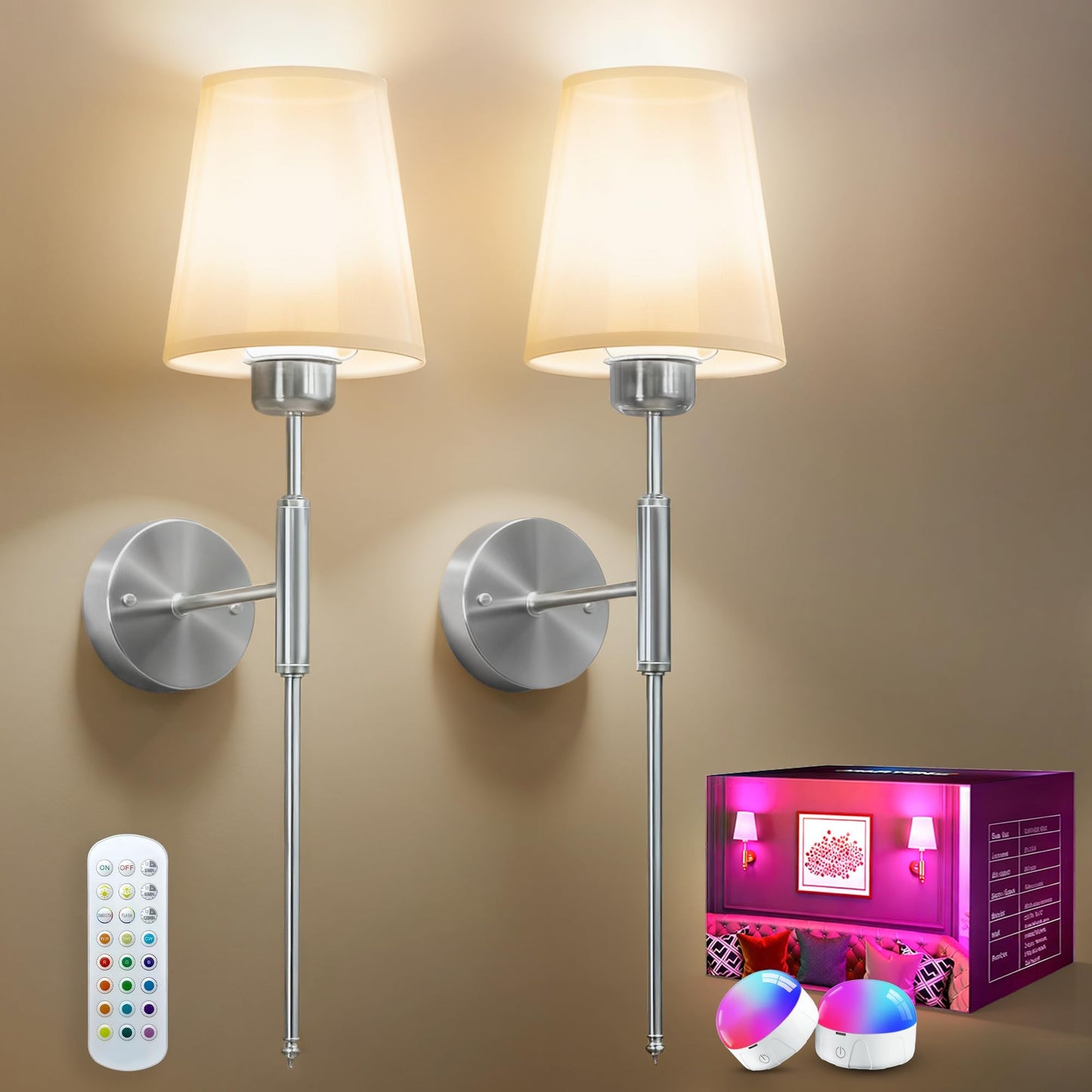 SMARYONG Battery Operated Wall Sconce Set of 2, Rechargeable Wall Sconce with 5200mAh Dimmable Bulbs and Remote, Battery Powered Wireless Wall Lamp