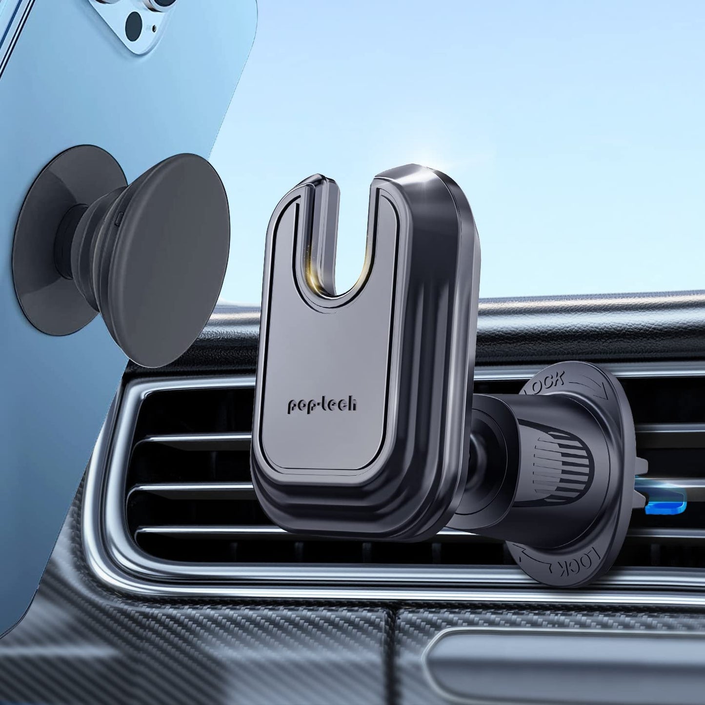pop-tech Car Vent Phone Mount for Thick Socket Grip, Air Vent Clip Phone Holder Compatible with Magsafe Wallet Black & iPhone Samsung Card Holder