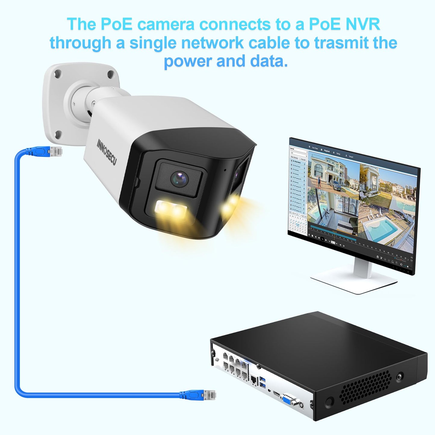 INNOSECU 8MP Dual Lens IP PoE Camera, 2X 4MP Security Bullet Surveillance Camera with 180° Angle View, Waterproof IP67, Light Color Night Vision