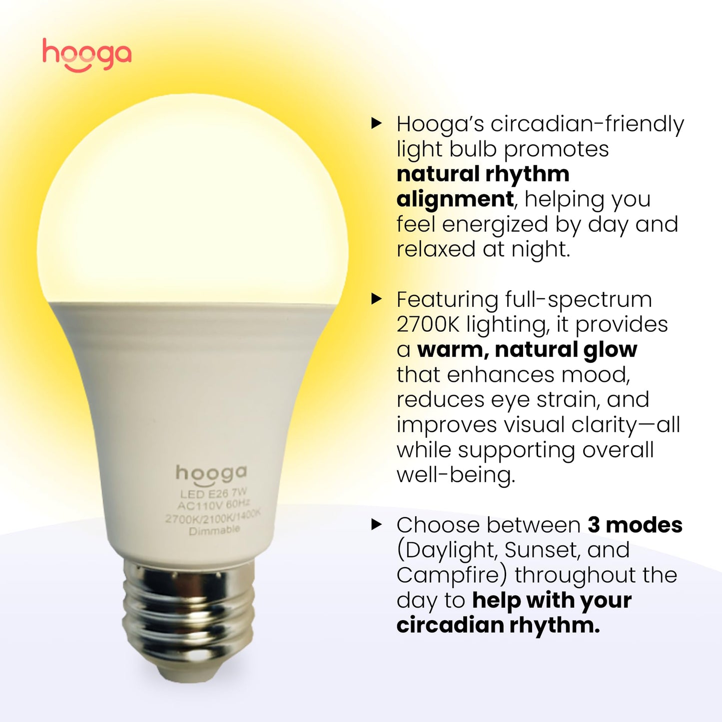 hooga Circadian Rhythm Full Spectrum LED Light Bulb - 2700K, 2100K, 1400K, Flicker-Free, Blue Light Free Night Mode, 7W Energy Efficient Warm White