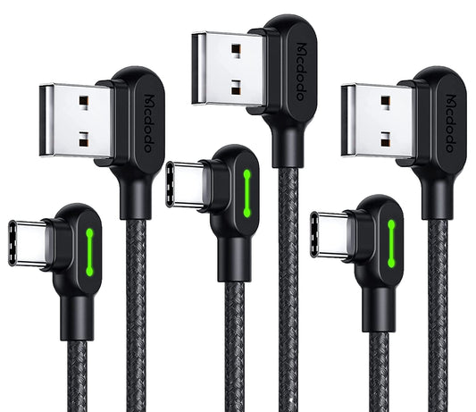 Type C USB 90 Degree Right Angle Elbow Design Game LED Strong Nylon Braided Sync Charge USB Data 6FT Cable Compatible Galaxy S20 S10 S9 S8 Plus Note