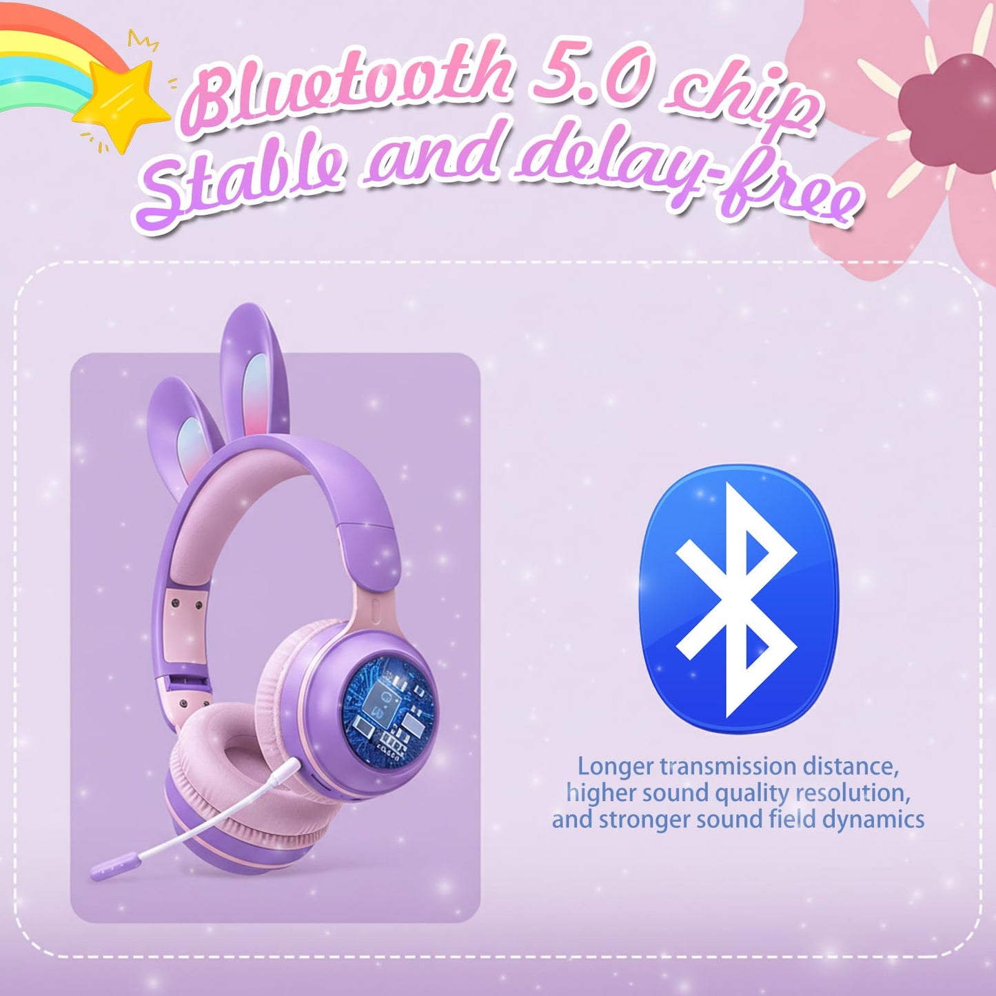 KERHAND Rabbit Purple Cat Headphones Bluetooth, Noise Cancelling, LED, Mic
