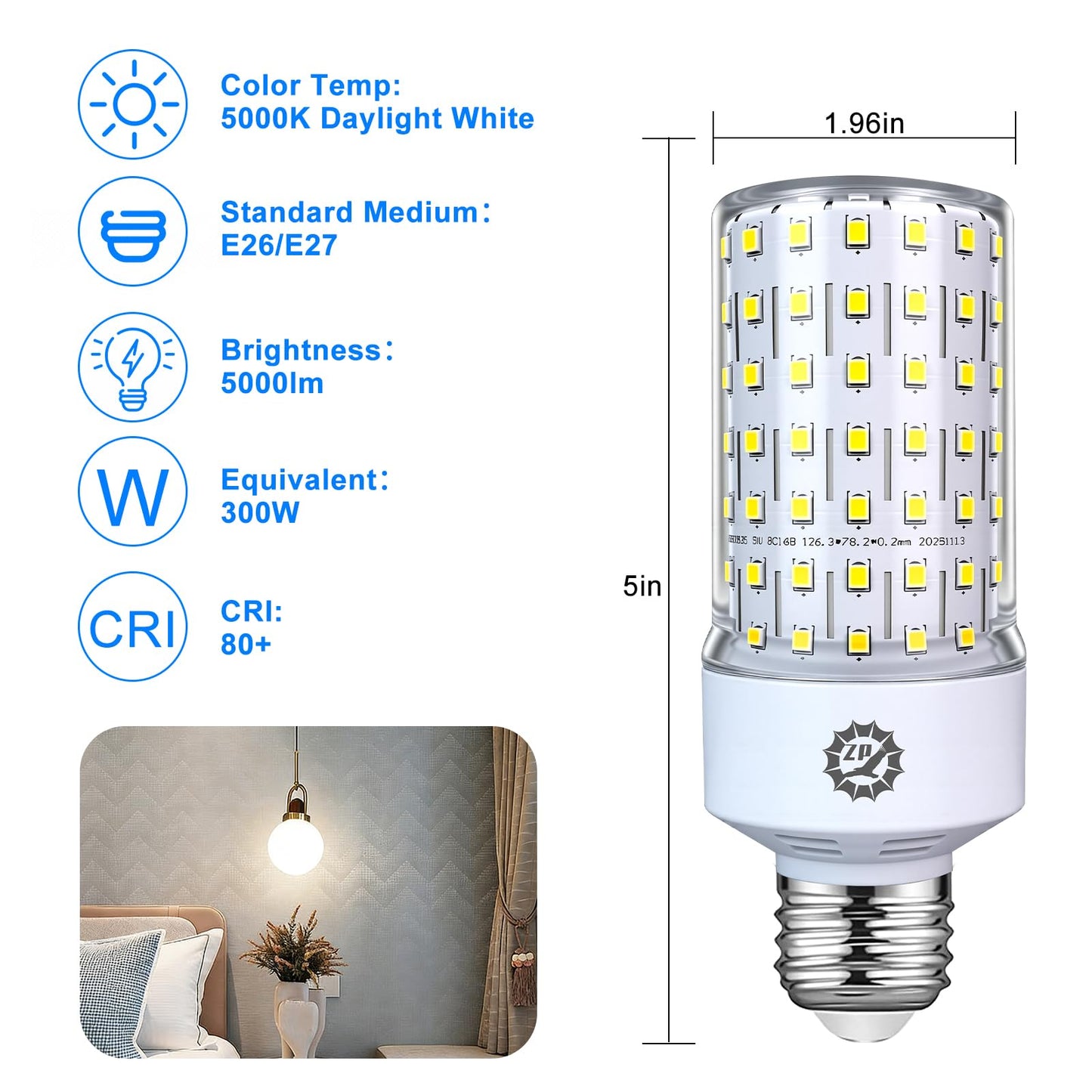 ZP 40W LED Light Bulb 2 Pack, 5000K 5000Lumens E26/E27 Medium Base