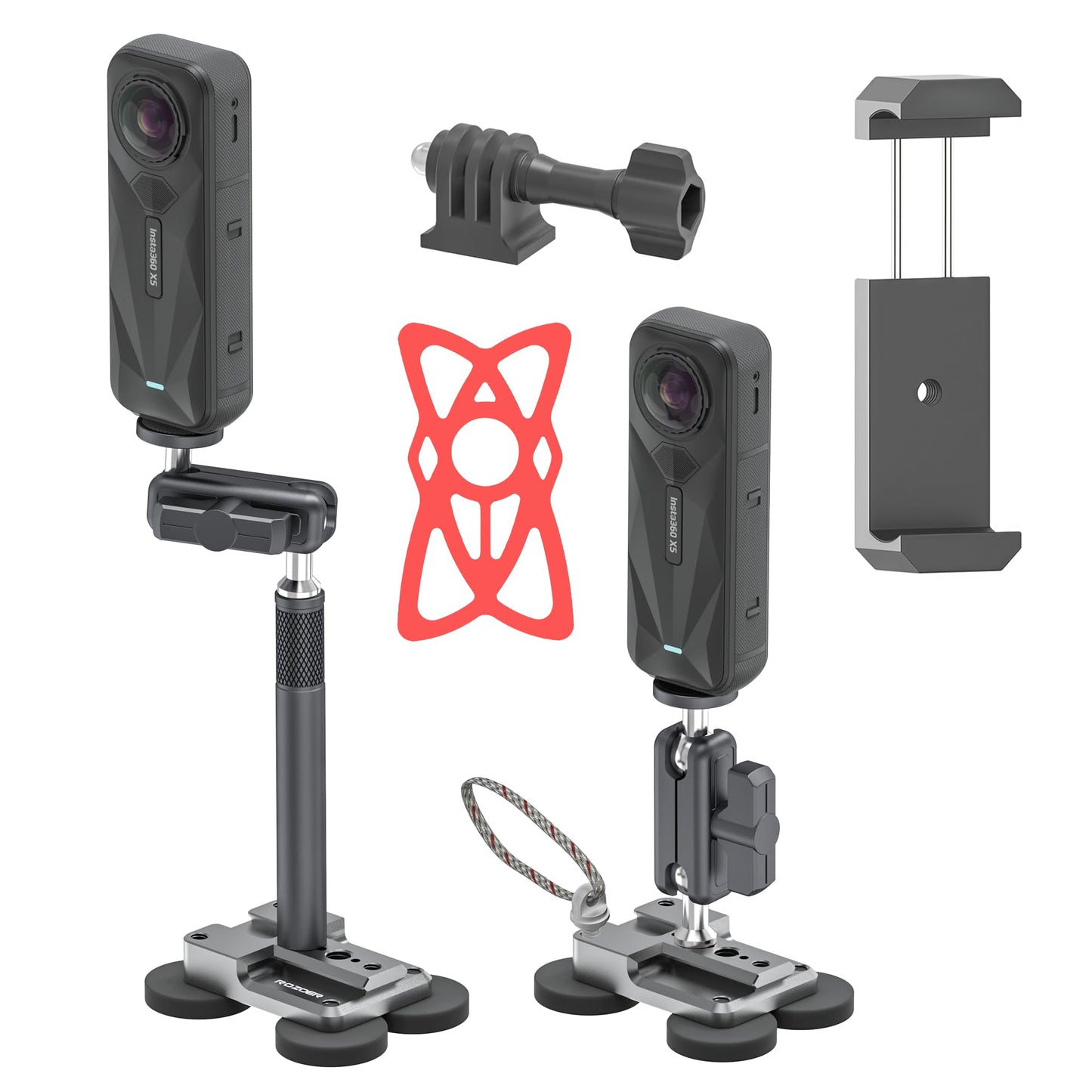 ROZOER 4-in-1 Magnetic Camera Mount Kit - Universal Baseplate with Magic Arm, Phone Clip & Bands for GoPro/for Osmo/for Insta360/Smartphones (Car