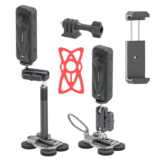 ROZOER 4-in-1 Magnetic Camera Mount Kit - Universal Baseplate with Magic Arm, Phone Clip & Bands for GoPro/for Osmo/for Insta360/Smartphones (Car