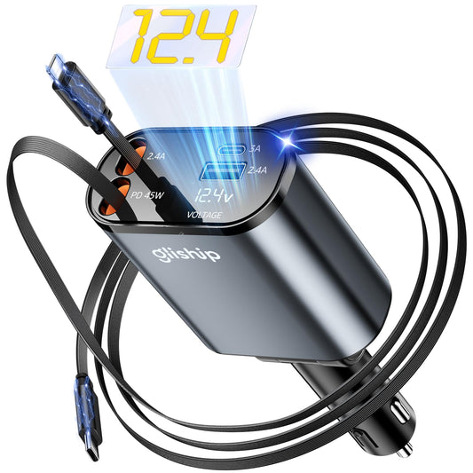 Upgraded Retractable Car Charger 4 in 1, MAX 84W USB C Car Charger Adapter for iPhone 16 Chargers Fast Charging with 3.9FT Longer Cable Cars