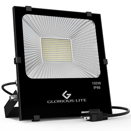 GLORIOUS-LITE 100W Flood Lights Outdoor, 8000 Lumen LED Floodlight Plug in for Outside Yard, IP66 Waterproof 6500K Bright Exterior Work Light