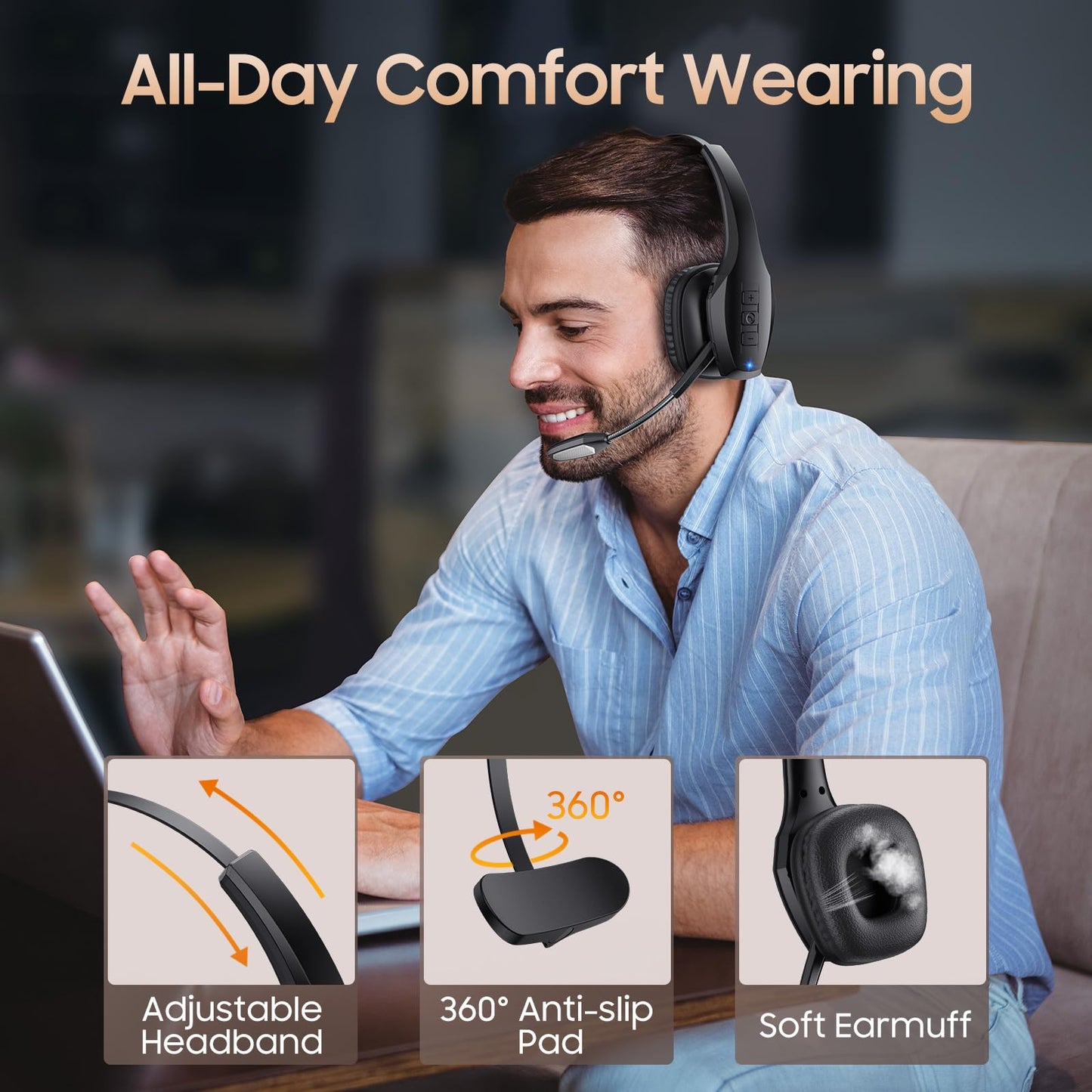 Trucker Bluetooth Headset, Wireless Headset with Mic, Bluetooth Headsets with Dual Noise Cancelling Microphone & Mute Button, 55Hrs Working Time PC