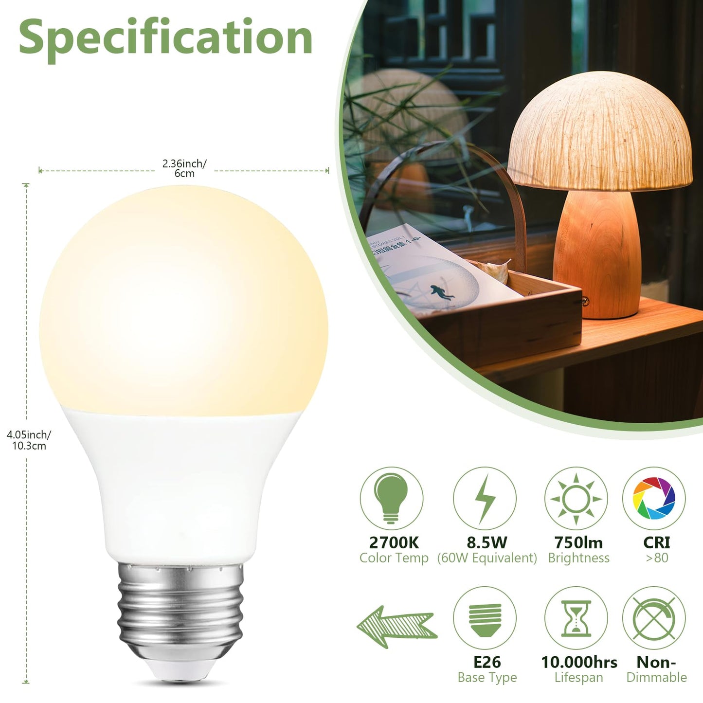 Sigalux A19 LED Light Bulbs, 60W Equivalent Soft White 2700K, 750 Lumens Non-Dimmable LED Bulbs, Efficient 8.5W, 10000 Hours Long-Lasting E26 Base