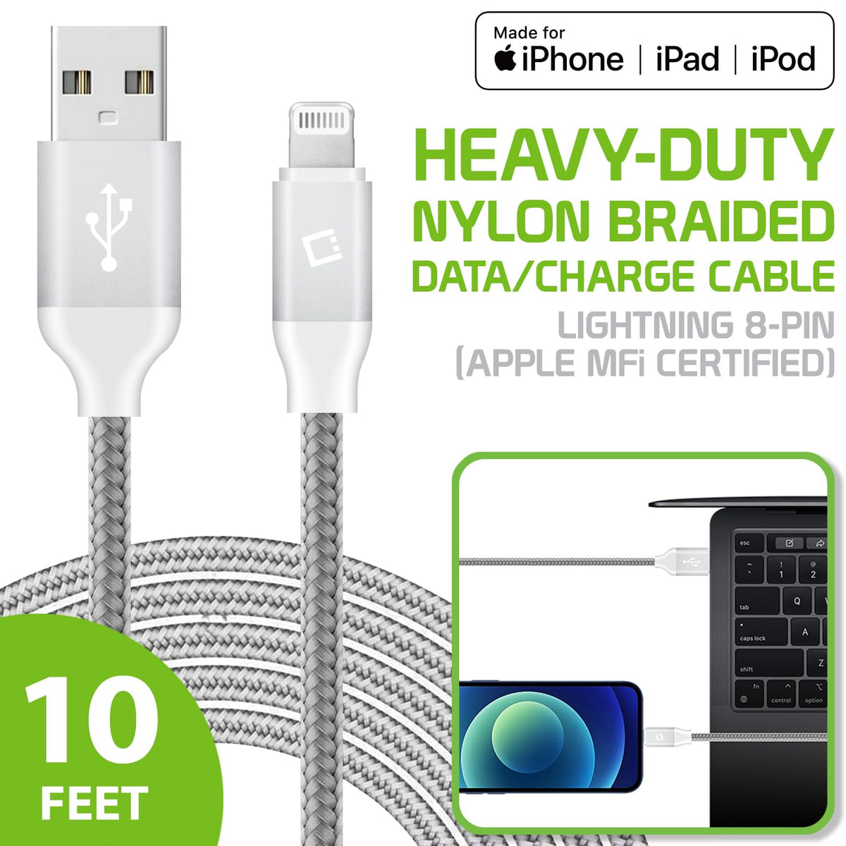 Cellet Phone Charger, USB Lightning 8 Pin Data Sync and Charge Cable - Heavy Duty Nylon Braided 10 ft. Cord Compatible for Apple iPhone 13 Pro Max, 13