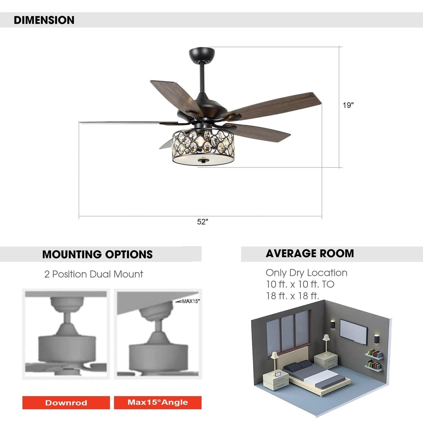 Vaczon 52 Inch Ceiling Fan with Light & Remote - Farmhouse Caged Fandelier, Crystal Ceiling Fan with 6 Speeds,Reversible Motor