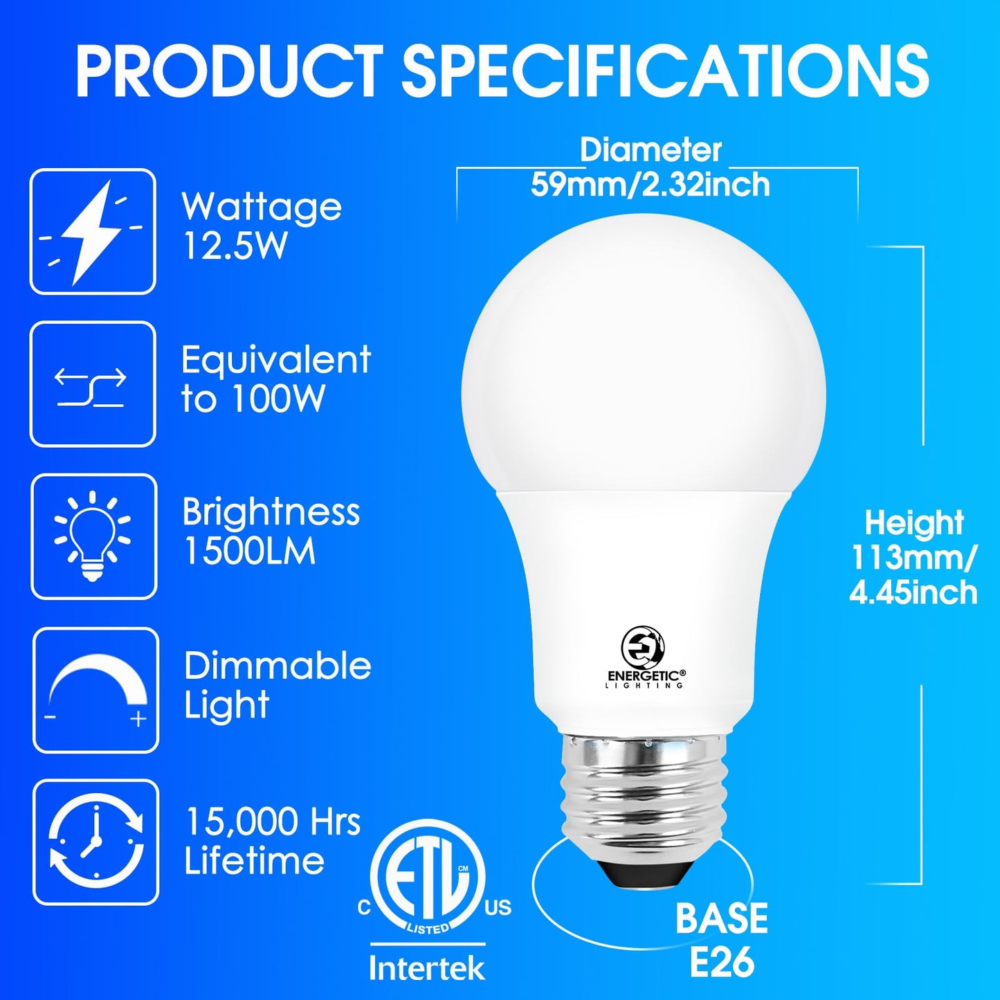 Energetic A19 6-Pack 100 Watt LED Bulb Daylight 5000K, Dimmable, 1500 Lumens 12.5W, E26 Medium Base, 15000 Hrs, ETL Listed
