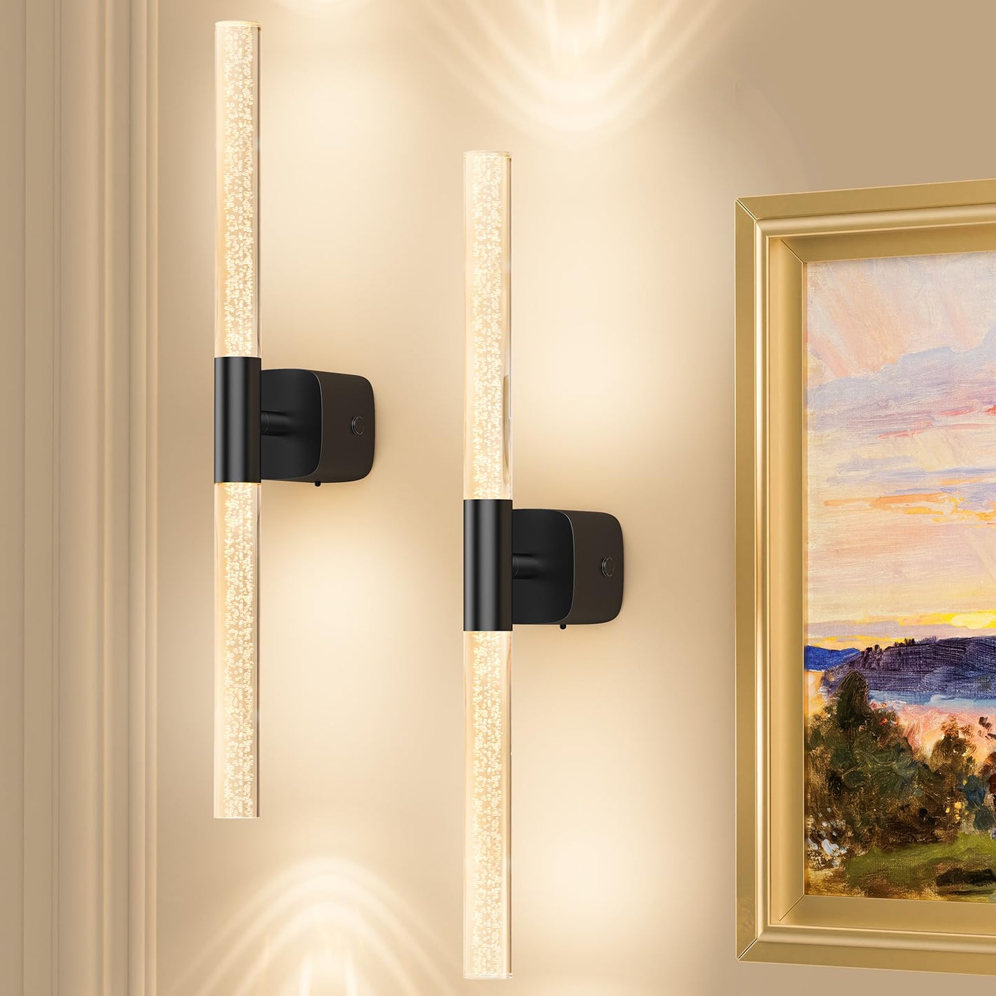 Eclipterra Battery Operated Wall Sconce Set of 2 Black Rechargeable Acrylic Crystal Sconce Wall Decor Set of 2 with 12000mAh CCT Dimmable 350° Rotate