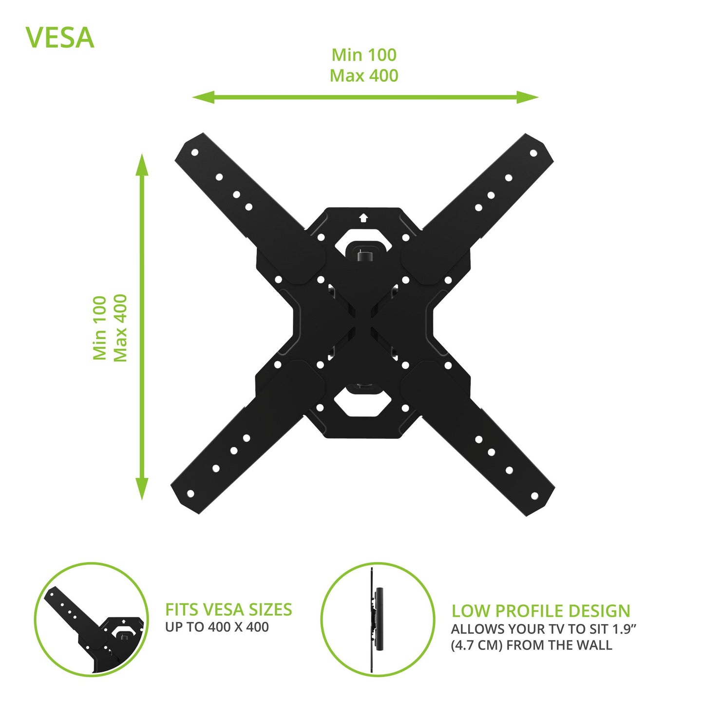 Kanto PS300 Full Motion Articulating TV Wall Mount for 26-inch to 60-inch TVs | Low Profile & 22" Extension | VESA Compatible up to 400 x 400 | Black