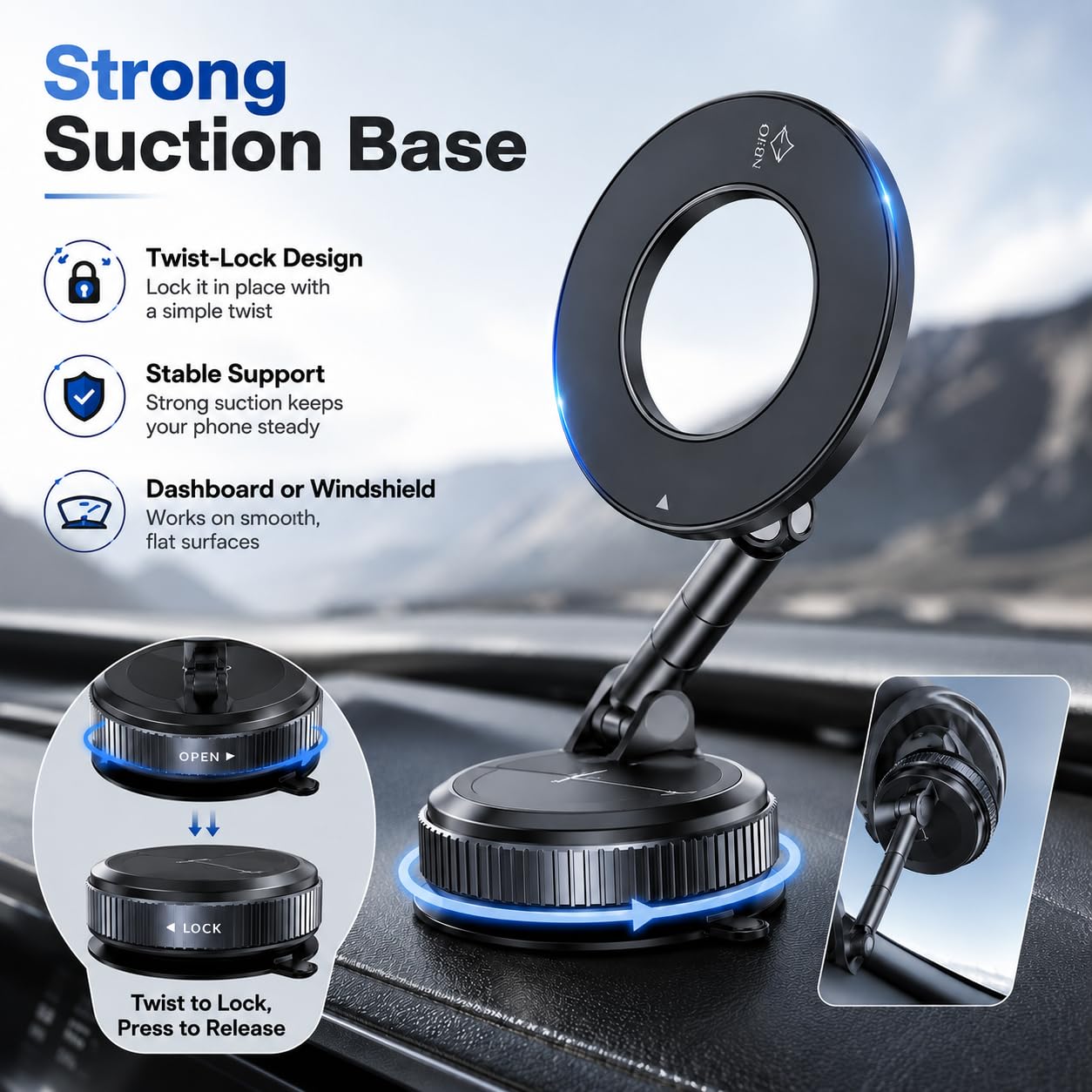 Vacuum Magnetic Car Phone Mount, 24 N52 Strong Magnets Car Phone Holder for MagSafe, 2-in-1 Suction Cup & Adhesive Pad Phone Holder for Car Dashboard