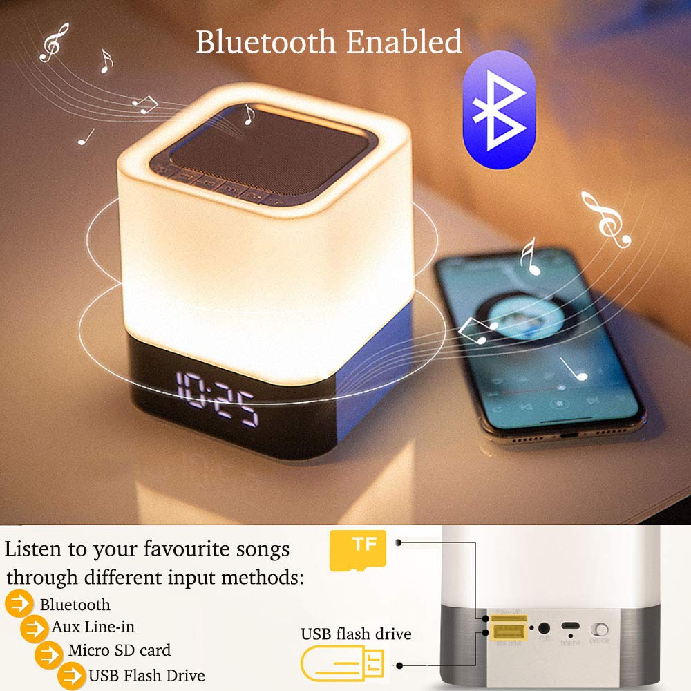 HoaBoly Night Lights Bluetooth Speaker, Alarm Clock Wireless Bluetooth Speakers,Touch Sensor Bedside Lamp,Color Changing Night Lights for Kids,MP3