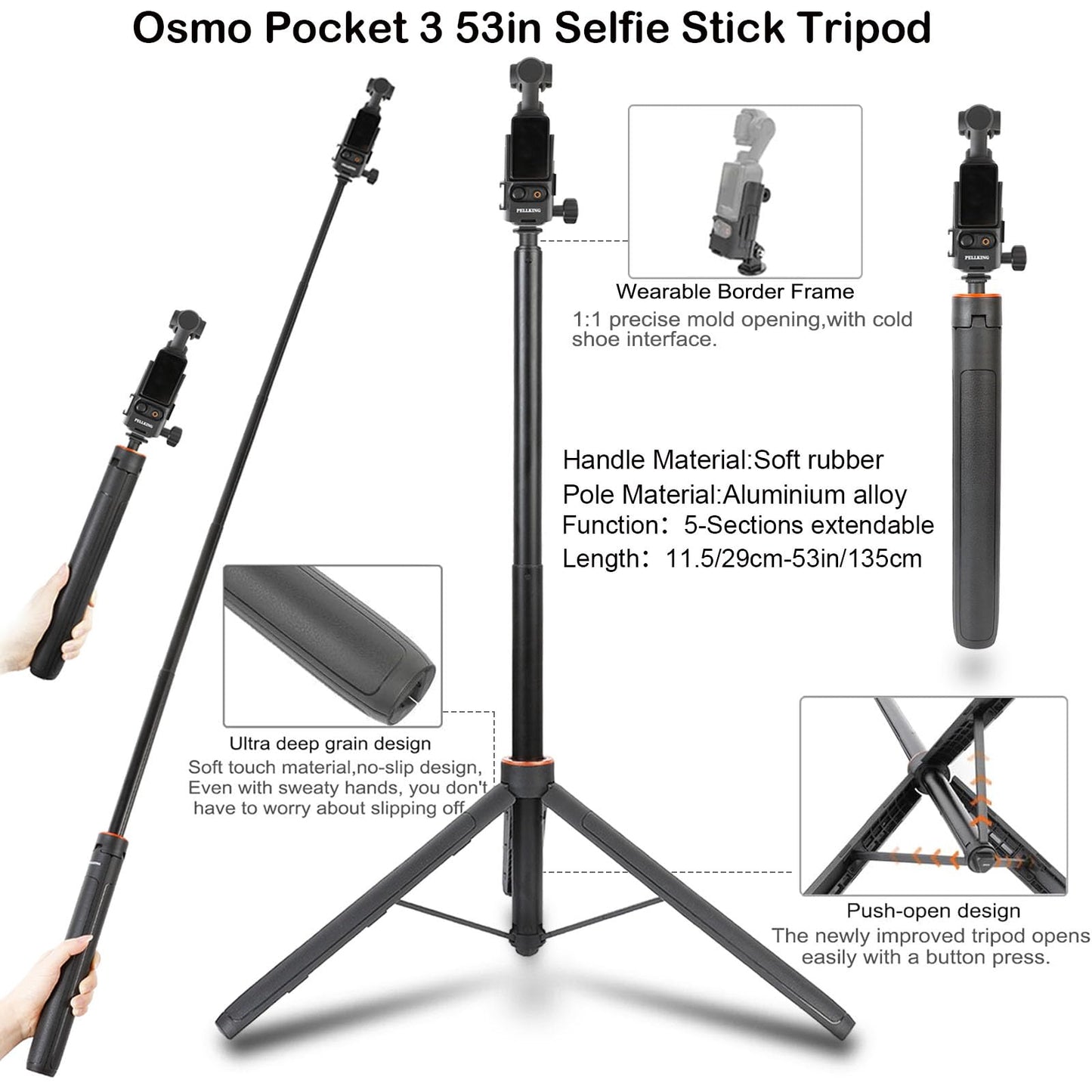 PellKing Accessories Kit for Osmo Pocket 3/Xtra Muse,Included Carrying Case with Belt,135cm Selfie Stick Tripod,Suction Cup,Magnetic Mount,4 Pcs Body