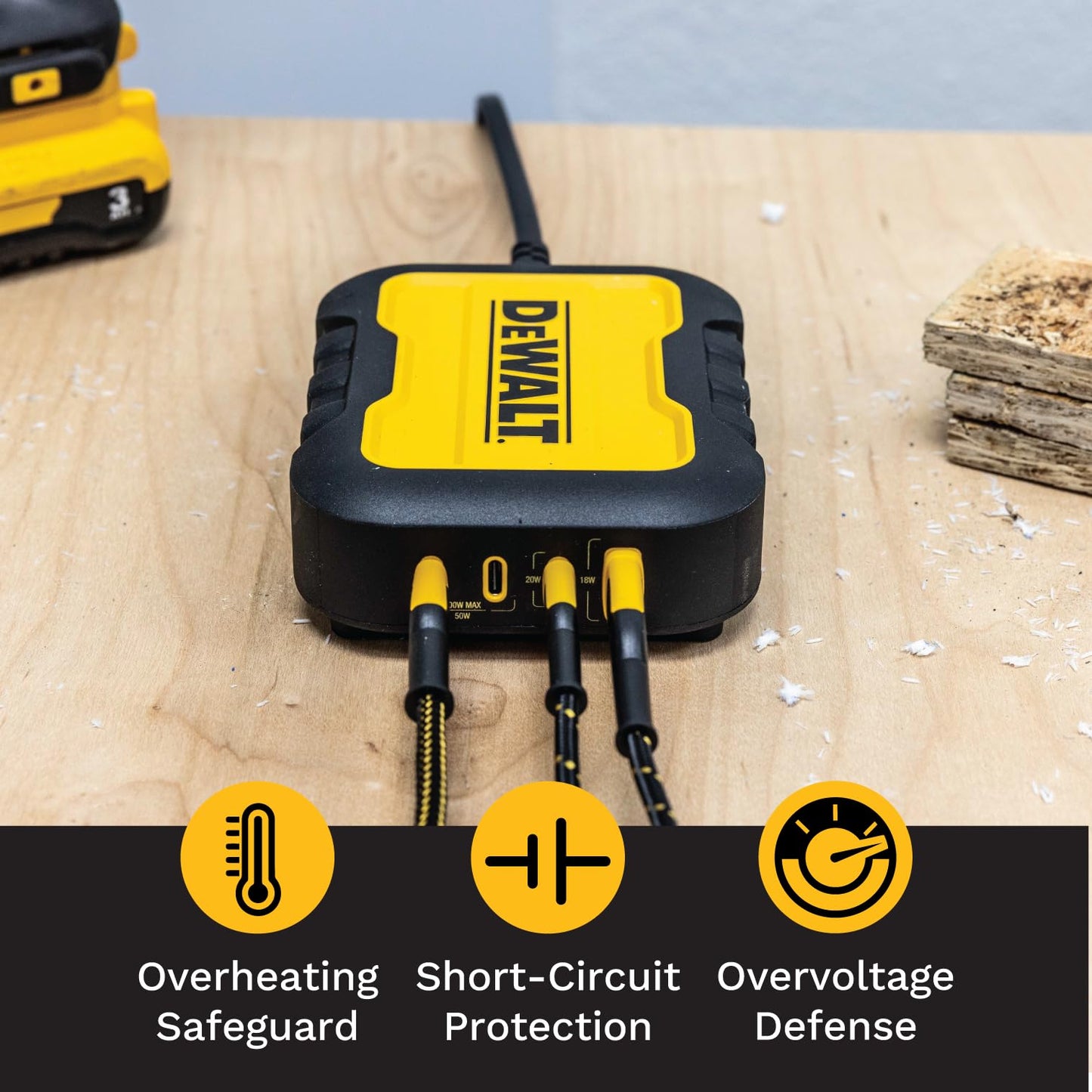 DEWALT Heavy Duty 4 Port USB C Charger Block, 100W USB C Charger Intelligent Power Sharing, 6ft Power Cord, Charge 4 Devices Compatible w/DEWALT 20V