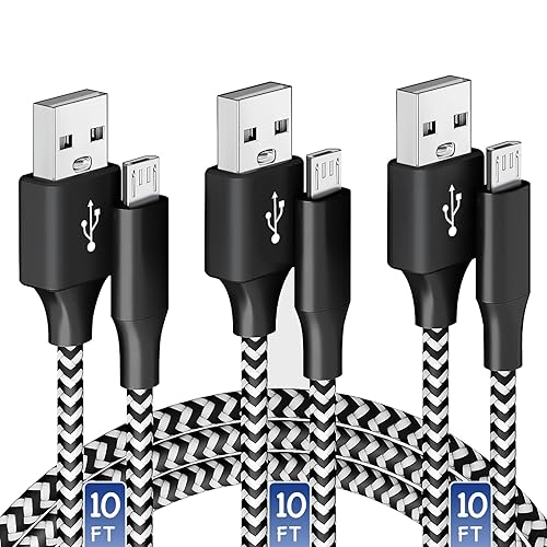 Oillgle Micro USB Charging Cable 10/10/10FT, 3 Pack Nylon Braided Charger Cables Black&White