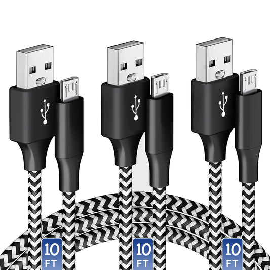 Oillgle Micro USB Charging Cable 10/10/10FT, 3 Pack Nylon Braided Charger Cables Black&White