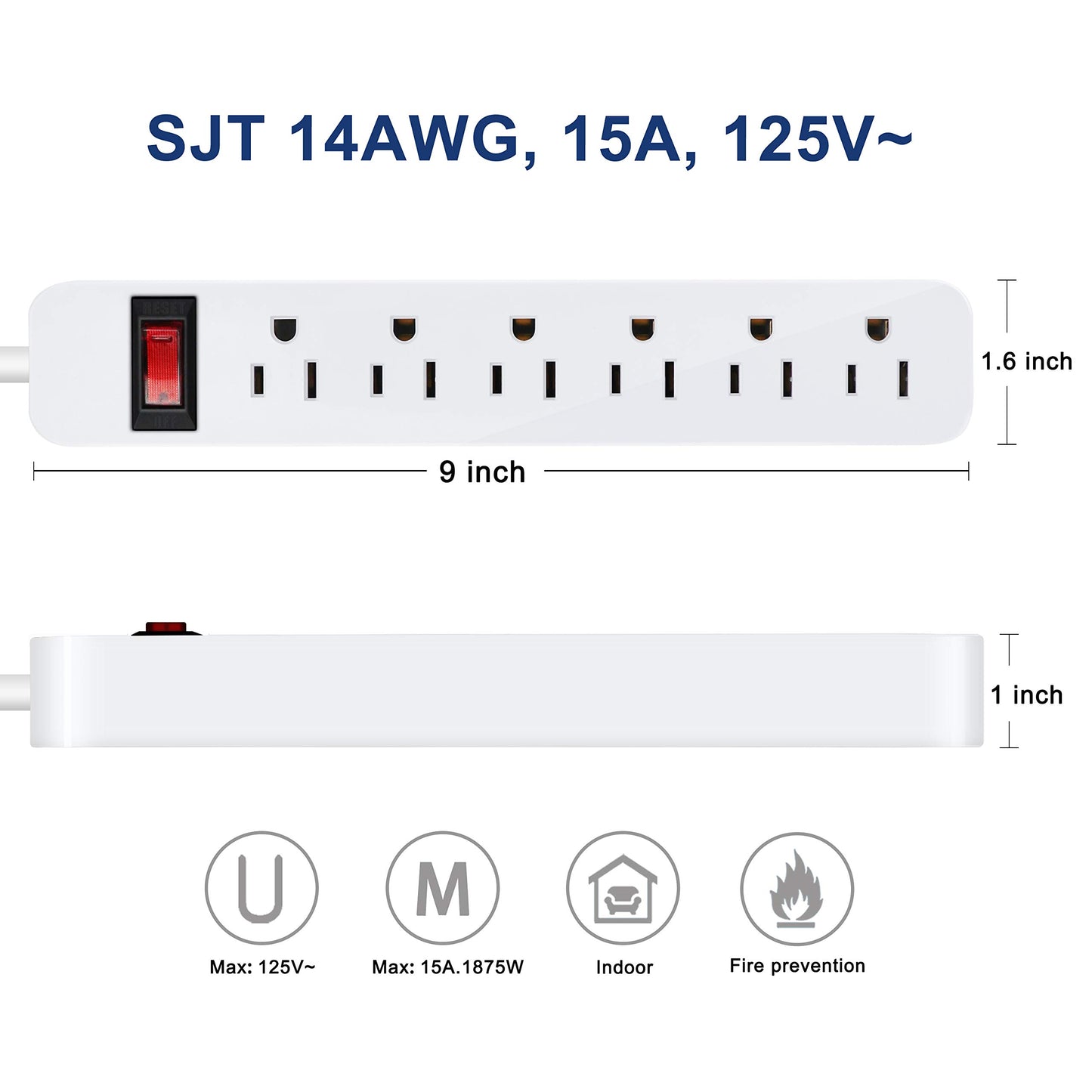 EXTRASTAR 6 Outlets Power Strip, 6 Ft Extension Cord 1875W,15A Build-in Circuit Breaker, Mountable, Thin Flat Plug, Desktop Charging Station for Home