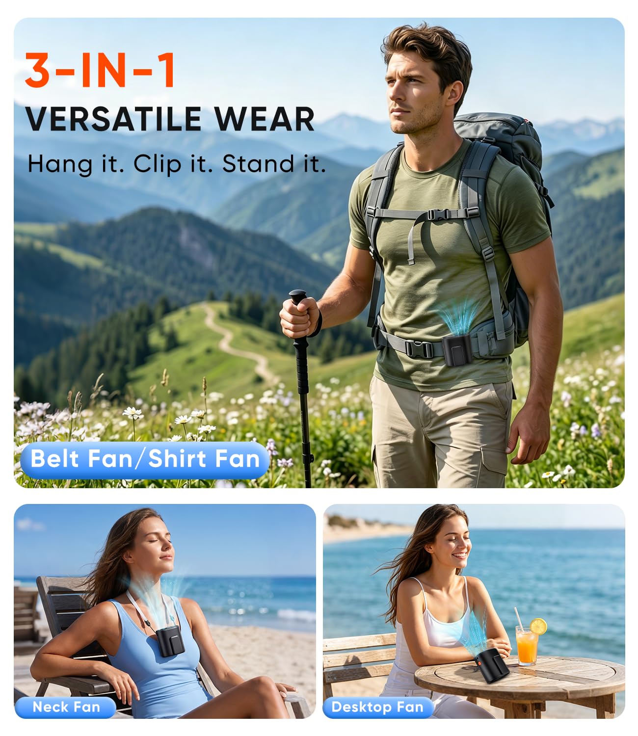AI Portable Waist Fan, 6-Speed 15,000RPM Strong Turbo Airflow, 30H Cooling Battery Powered Personal Fan Rechargeable, Wearable Hands-Free