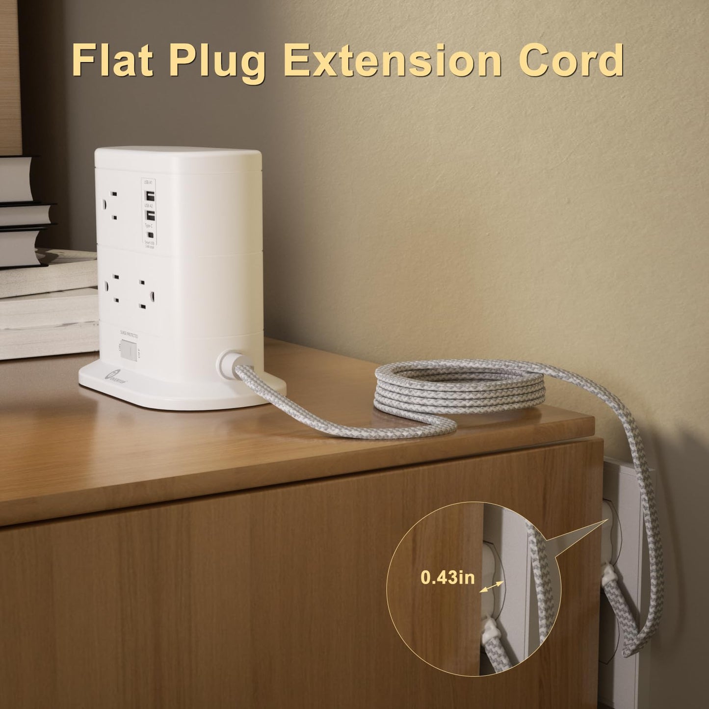 Overtop Tower Power Strip with Surge Protection, Nightlight Flat Plug Power Strip with 7 AC Outlets 3 USB Ports, 1625W/13A 1600J, 6.5Ft Extension Cord