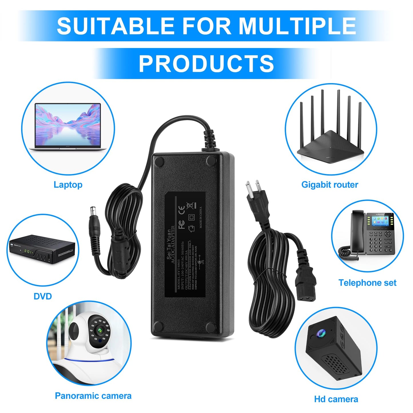 SenTaiYuan 48V 3A Power Adapter, 144W, DC 48V 3A Switching Power Supply, 5.5 x 2.5mm for PoE Switch/Injector, Security Equipment