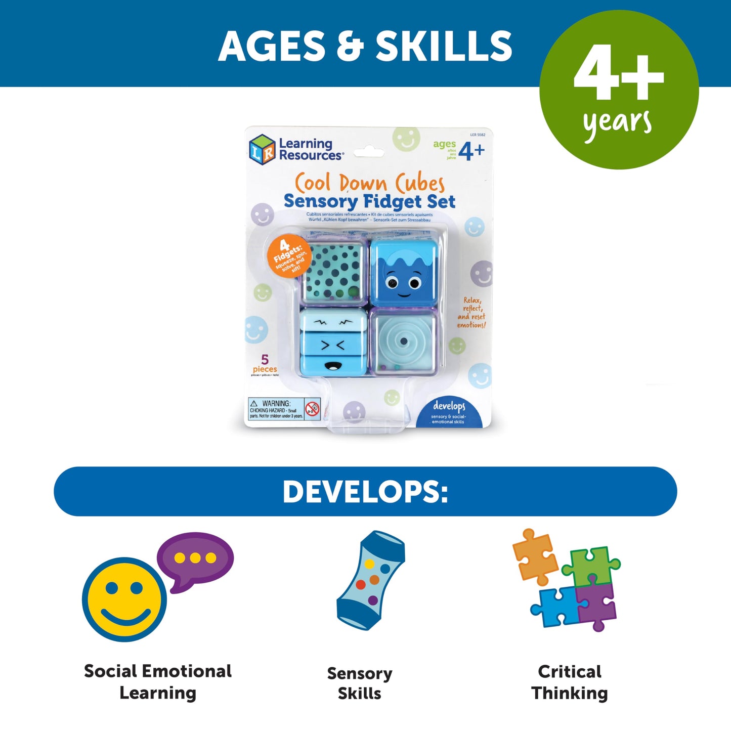 Learning Resources Cool Down Cubes Sensory Fidget Set, Fidgets for Kids, Sensory Toys for Toddlers, Fidgets for Classrooms, Ages 3+,5 Pieces