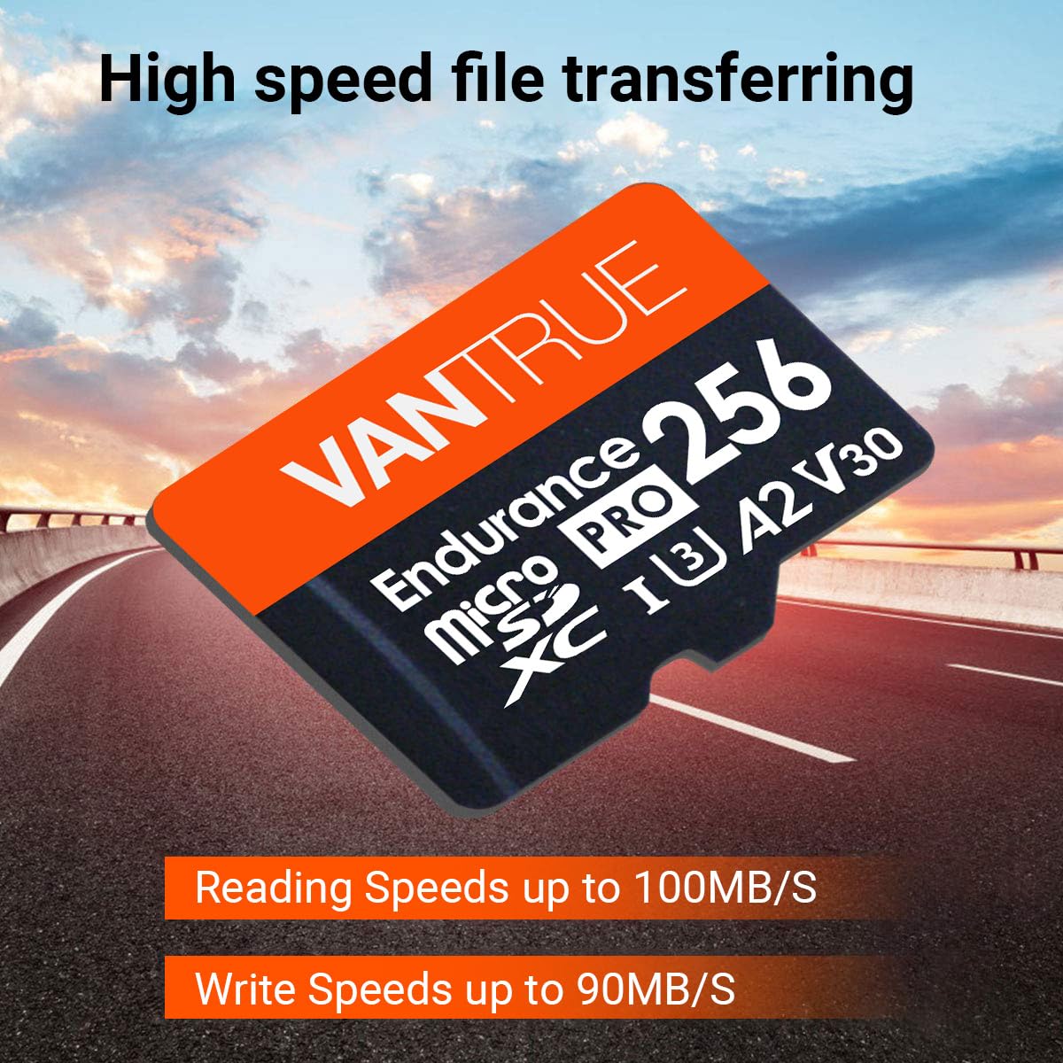 Vantrue 256GB microSDXC UHS-I U3 4K UHD Video High Speed Transfer Monitoring SD Card with Adapter for Dash Cams, Body Cams, Action Camera