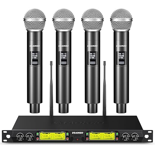 Aokeo Wireless Microphones System, 4 Channel UHF Wireless Mics,with 4 Handheld Dynamic Microphones,Metal Receiver for