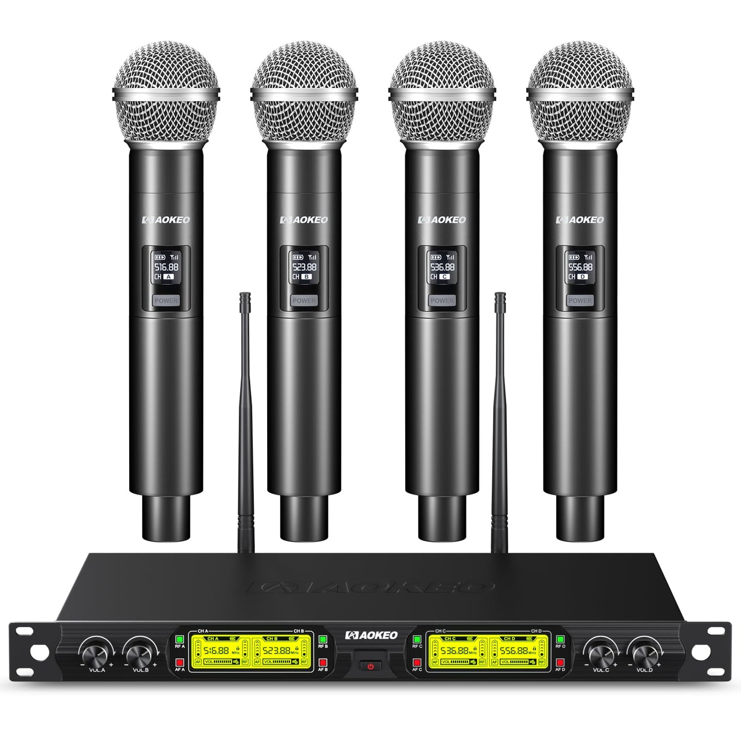 Aokeo Wireless Microphones System, 4 Channel UHF Wireless Mics,with 4 Handheld Dynamic Microphones,Metal Receiver for
