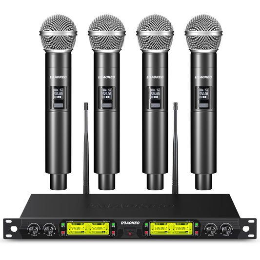 Aokeo Wireless Microphones System, 4 Channel UHF Wireless Mics,with 4 Handheld Dynamic Microphones,Metal Receiver for