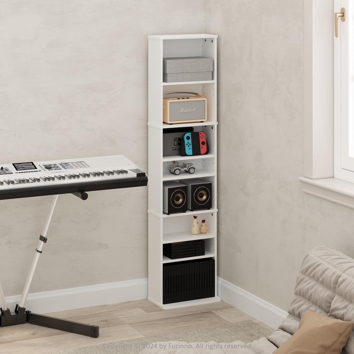 Furinno Jaya DVD Shelf, 9-Shelf Tall Narrow CD Rack, Media Shelf with Adjustable Shelves, DVD Storage Cabinets for CD Bluray Game Disc, Easy Assembly, for Living Room, Home Office, White