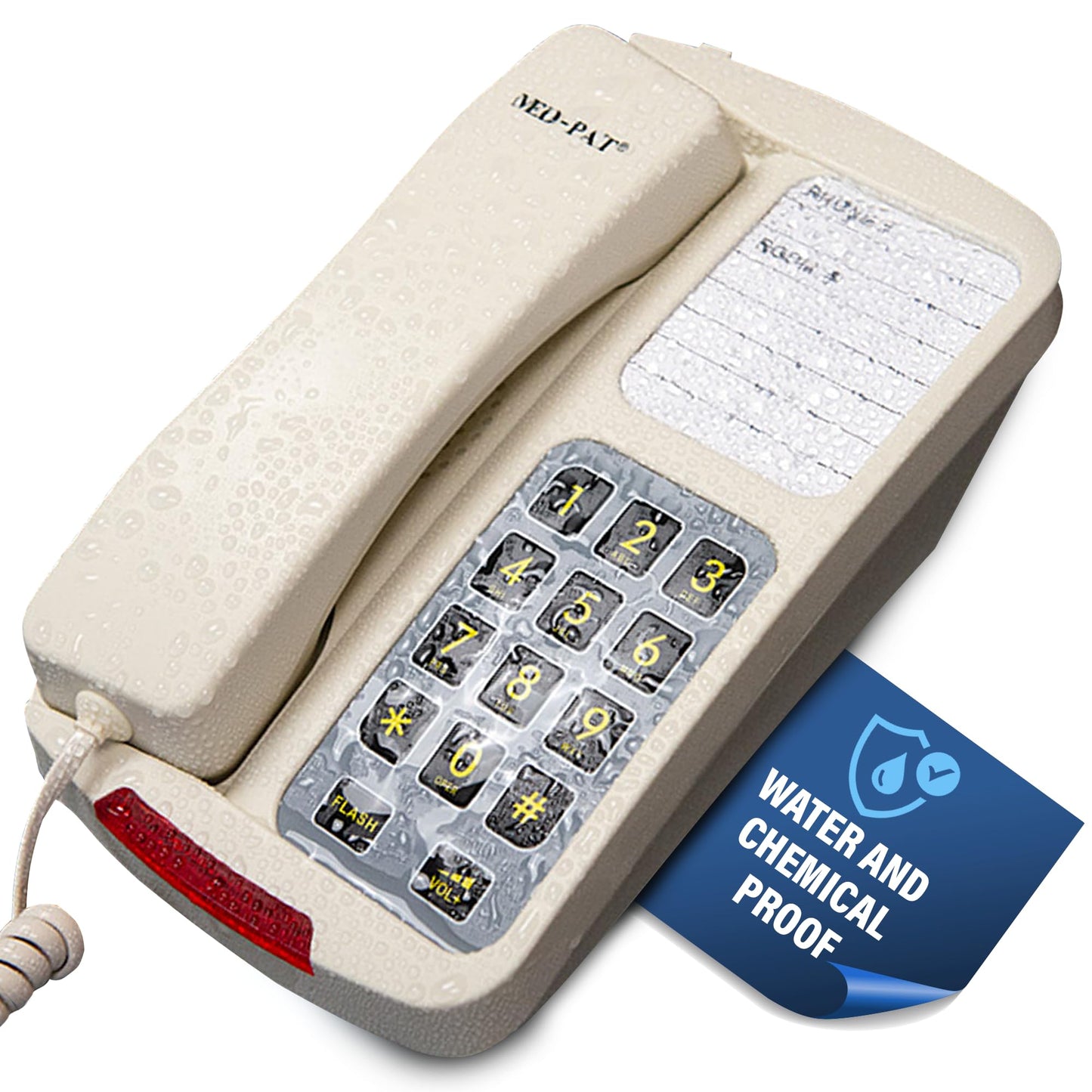 Med-Pat D8WP Waterproof Desk Set Telephone w/Ring/in-Use Light Indicator - Office and Home Phone with Large Buttons, Full Volume Control, Corded