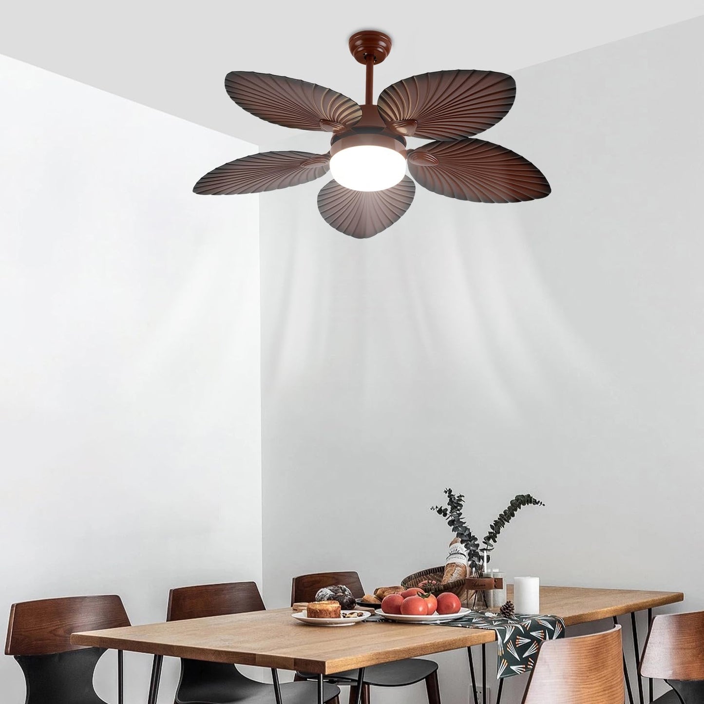 Haivenliuy 52 Inch Tropical Palm Leaf Ceiling Fan with LED Lights,5 Palm Wooden Reversible Blades 3 Speed Glass Lampshade Vintage Chandelier Fan