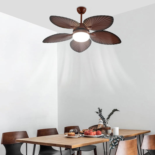 Haivenliuy 52 Inch Tropical Palm Leaf Ceiling Fan with LED Lights,5 Palm Wooden Reversible Blades 3 Speed Glass Lampshade Vintage Chandelier Fan