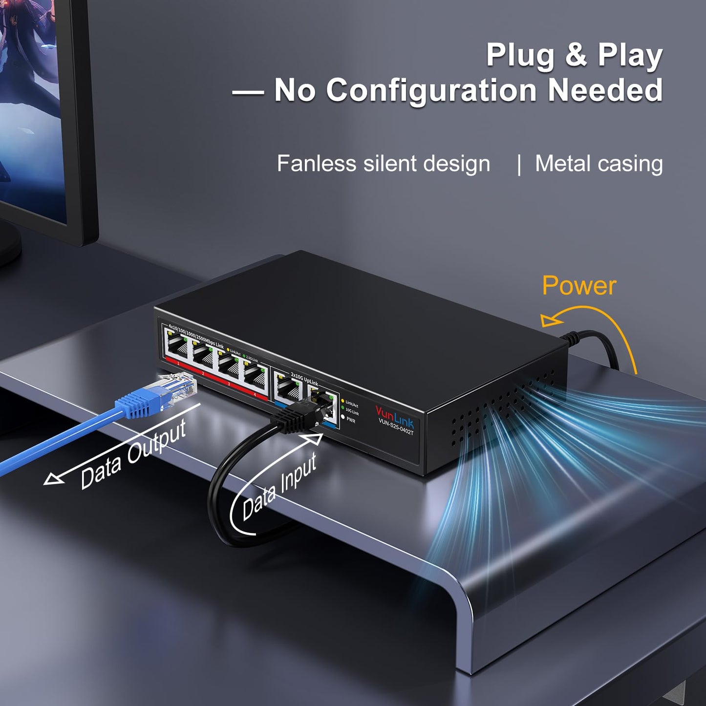 10Gb Ethernet Switch with 4 x 2.5GbE + 2 x 10GbE RJ45 Ports, VunLink 6 Port 10G/2.5G Multi-Gigabit Unmanaged Network Switch, Plug and Play, Fanless