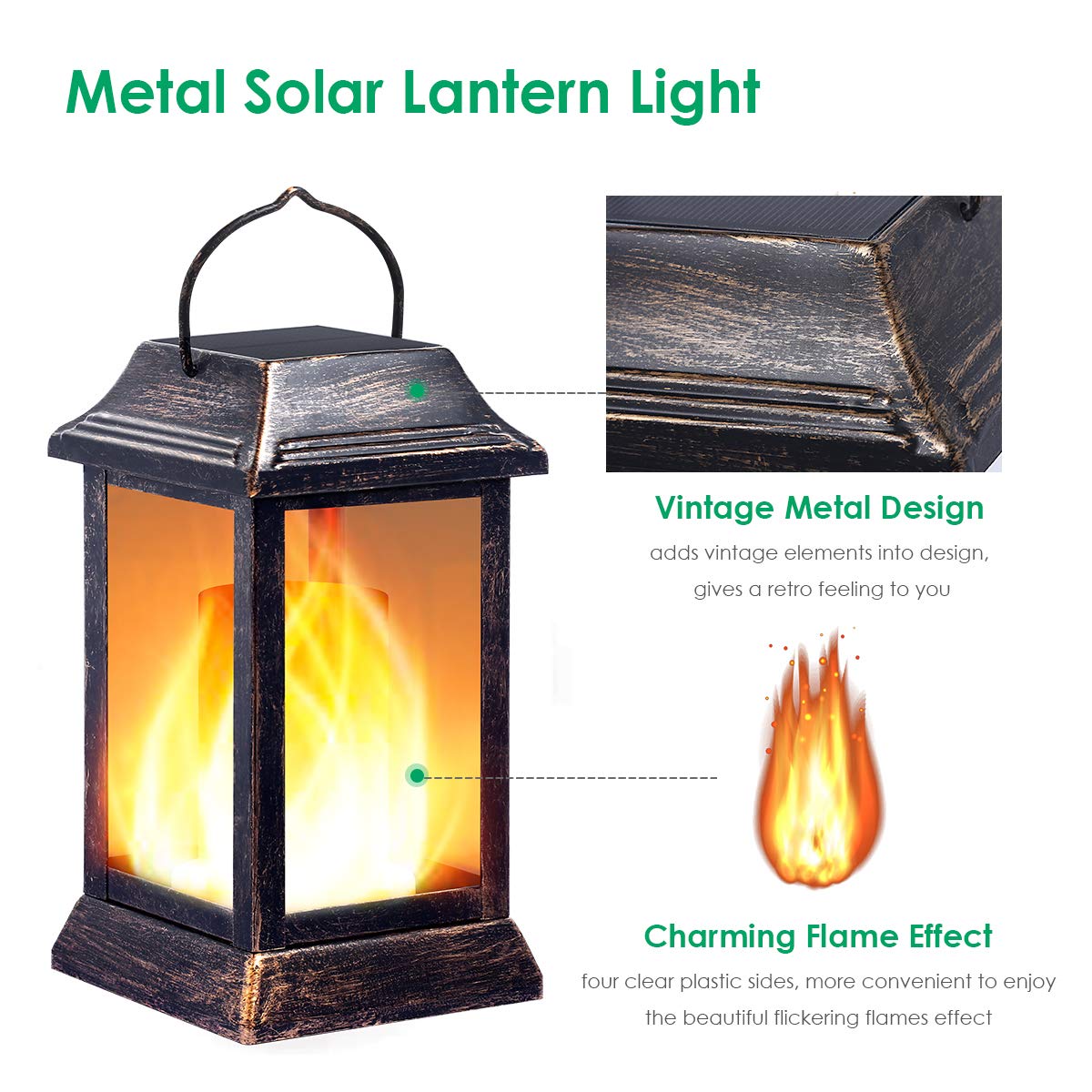 TomCare Solar Lights Metal Flickering Flame Solar Lantern Outdoor Hanging Lanterns Lighting Heavy Duty Solar Powered Waterproof LED Flame Lights