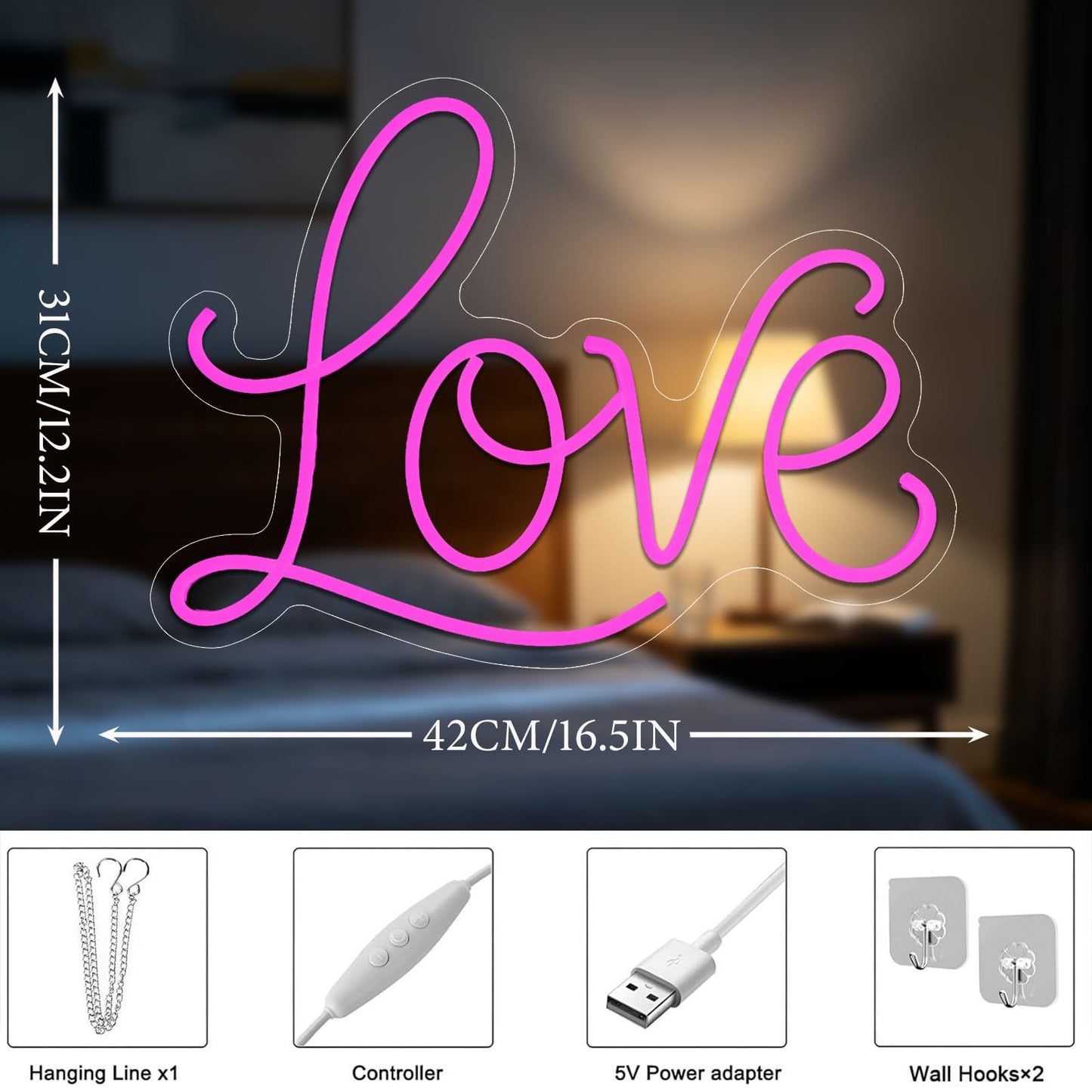 YUEYYNS Love Neon Sign Pink Neon Light Love Led Wall Signs USB Powered Light Signs for Girl Bedroom Christmas Valentine's Day Mother's Day Wedding