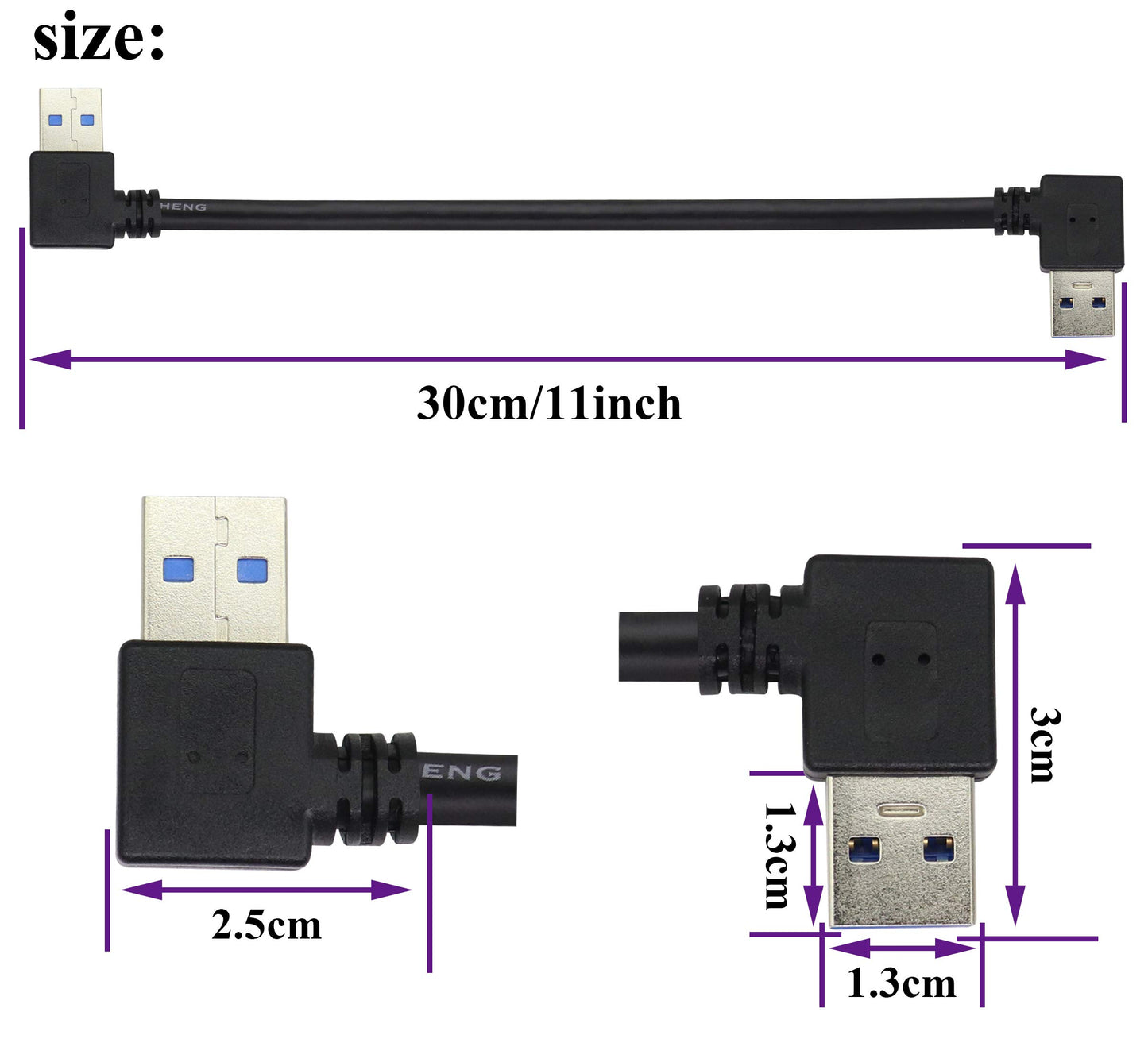 AAOTOKK 90 Degree USB 3.0 A Extension Cable Left & Right Angle USB 3.0 Type A Male to Male Charging and Data Transfer Cable for Hard