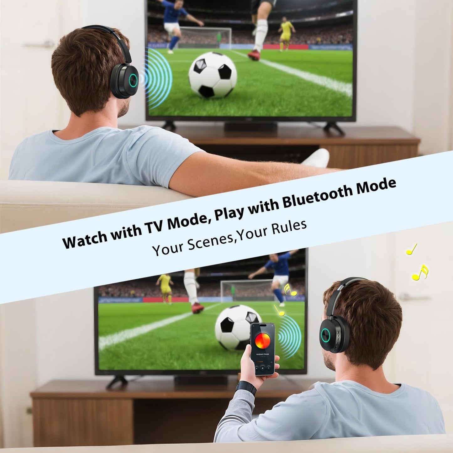 Wireless Headphones for TV Watching, TV Headphones Wireless for Seniors with 3 Audio Modes, Bluetooth Headphone with Transmitter Charging Base, No