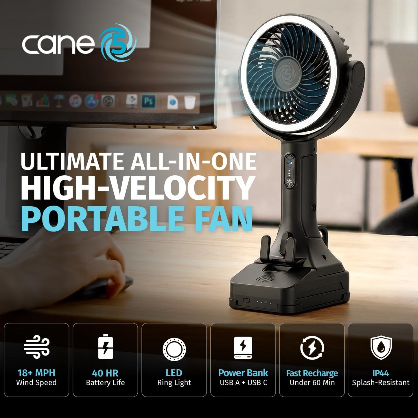 CANE5 Rechargeable Portable Fan, Built For Outdoors, Camping, Sports, Beach