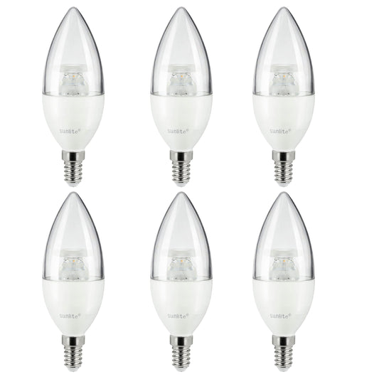 Sunlite 41611 LED B10 Clear Torpedo Tip Chandelier Light Bulb, 5 Watts (40W Equivalent) 470 Lumens, European E14 Base, Dimmable, 2700K Soft White, 6