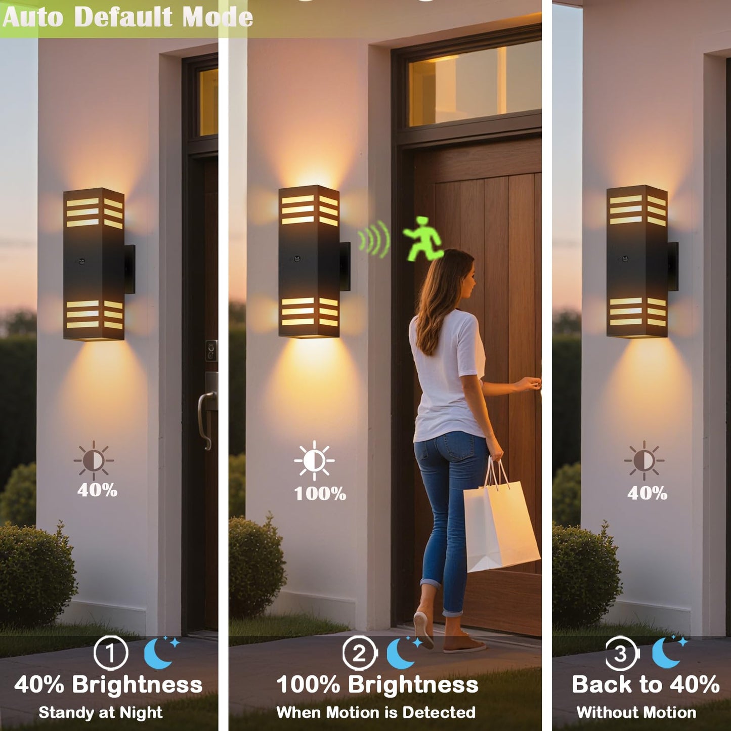 Motion Sensor Outdoor Wall Lights, Dusk to Dawn Exterior Light Fixture with 3 Modes, Waterproof Modern Dimmable Porch Light with Up Down Lighting