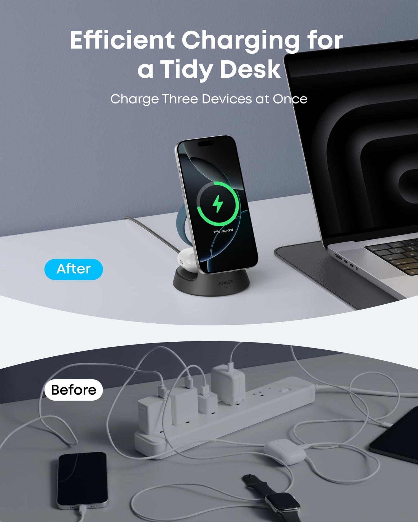 Anker MagSafe Charger Compatible, MagGo 3-in-1 Charging Station, Nano Charging Stand, Qi2 Certified 15W Magnetic Wireless Charger Dock